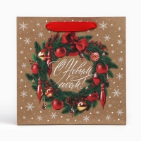 Пакет подарочный новогодний крафтовый квадратный &laquo;Новогодний венок&raquo;, 22 х 22 х 11 см, Новый год