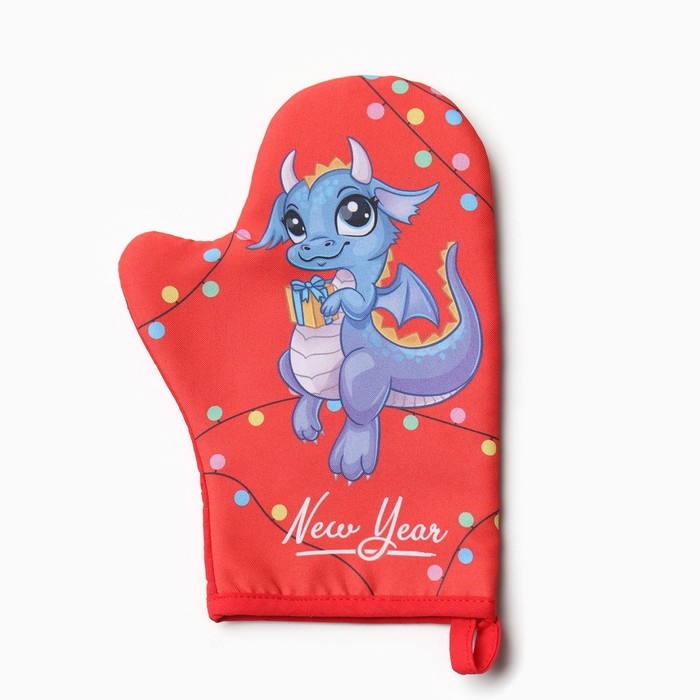 Новый год.Варежка-прихватка Доляна "Дракон с подарком" 20х28 см, 35% хл, 65% пэ, ватин 250 г/м2
