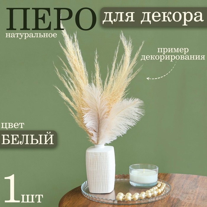 Перо для декора 1 шт., размер 20-24 см, цвет белый Перо для декора 1 шт., размер 20-24 см, цвет белый