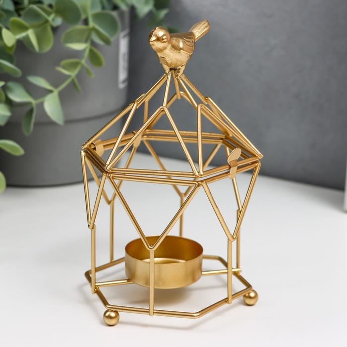 Подсвечник металл на 1 свечу Подсвечник металл на 1 свечу "Золотая клетка-фонарь с птицей" 14х9х9 см