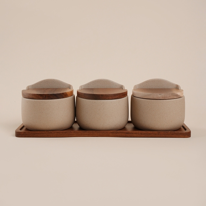 Набор банок керамических для сыпучих продуктов на подставке SL Home &laquo;Стоун форест&raquo;, 4 предмета: 3 банки 350 мл, подставка 34&times;10 см