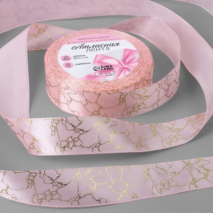 Лента атласная с тиснением «Мрамор», 25 мм × 18 ± 1 м, цвет розовый/золотой №043 Лента атласная с тиснением «Мрамор», 25 мм × 18 ± 1 м, цвет розовый/золотой №043