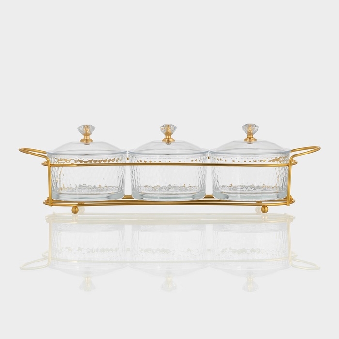 Набор стеклянных конфетниц «Богема», на подставке 33×9,5×8,5, 3 шт, цвет металла золотой Набор стеклянных конфетниц «Богема», на подставке 33×9,5×8,5, 3 шт, цвет металла золотой