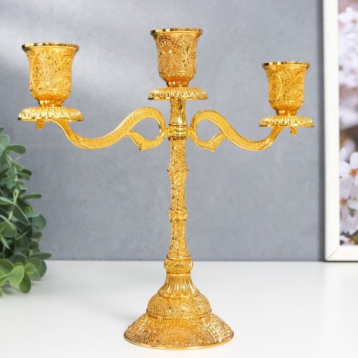 Подсвечник металл на 3 свечи "Раджа" золото 22,5х8х24 см