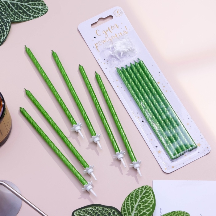 Свечи для торта "Классические" с подставкой, 13 см, 6 шт, зеленые