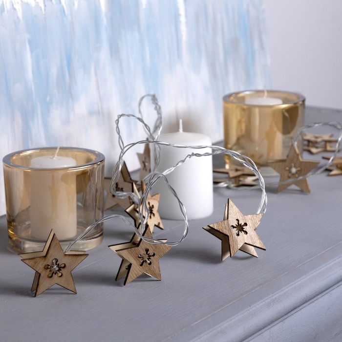 Гирлянда &laquo;Нить&raquo; 2.5 м с насадками &laquo;Звезда&raquo;, IP20, прозрачная нить, 10 LED, батарейки AAх2 (нет в комплекте), свечение тёплое белое