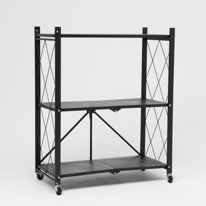 Стеллаж складной на колесах, 3 полки, 71&times;34&times;88 см, цвет чёрный матовый