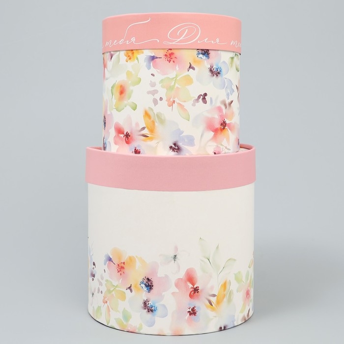 Набор шляпных коробок 2 в 1, упаковка подарочная, &laquo;Акварельные цветы&raquo;, 13 х 13 см, 16 х 16 см