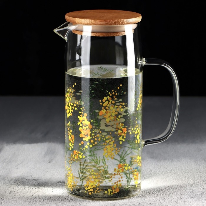 Кувшин стеклянный с бамбуковой крышкой &laquo;Нежная мимоза&raquo;, 1000 мл, с крышкой