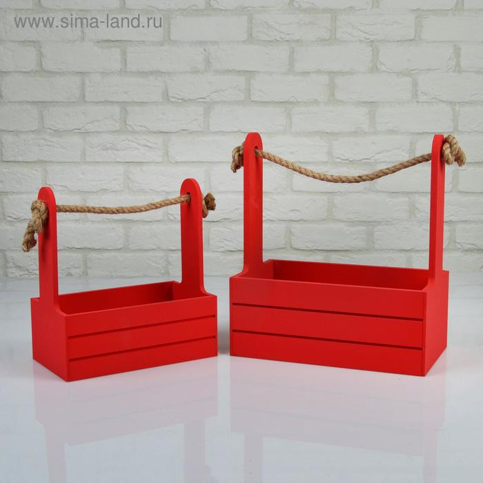 Набор кашпо деревянных 2 в 1 (25&times;15&times;30; 21&times;12&times;23 см) "Dear", ручка канат, красный