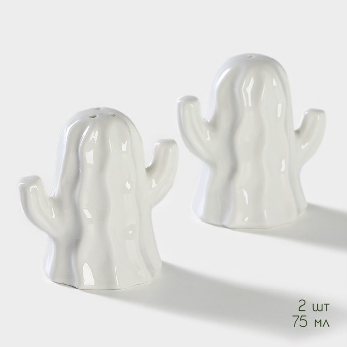 Набор фарфоровый для специй на бамбуковой подставке BellaTenero &laquo;Кактусы&raquo;, 2 предмета: солонка 75 мл, перечница 75 мл, цвет белый