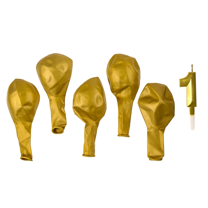 Свечи для торта + 5 шаров, цифра 1, золото