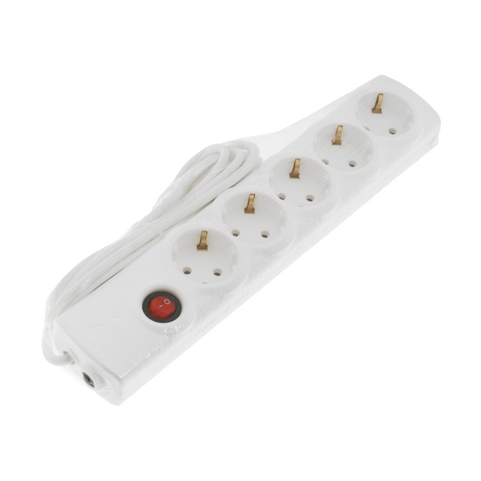 Сетевой фильтр Luazon Lighting, 5 розеток, 3 м, 2200 Вт, 3х0.75 мм2, 10 A, 220 В, c предохранителем, белый
