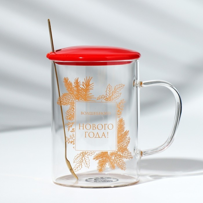 Кружка с ложкой и крышкой стеклянная Дорого внимание «Волшебного нового года», 470 мл Кружка с ложкой и крышкой стеклянная Дорого внимание «Волшебного нового года», 470 мл