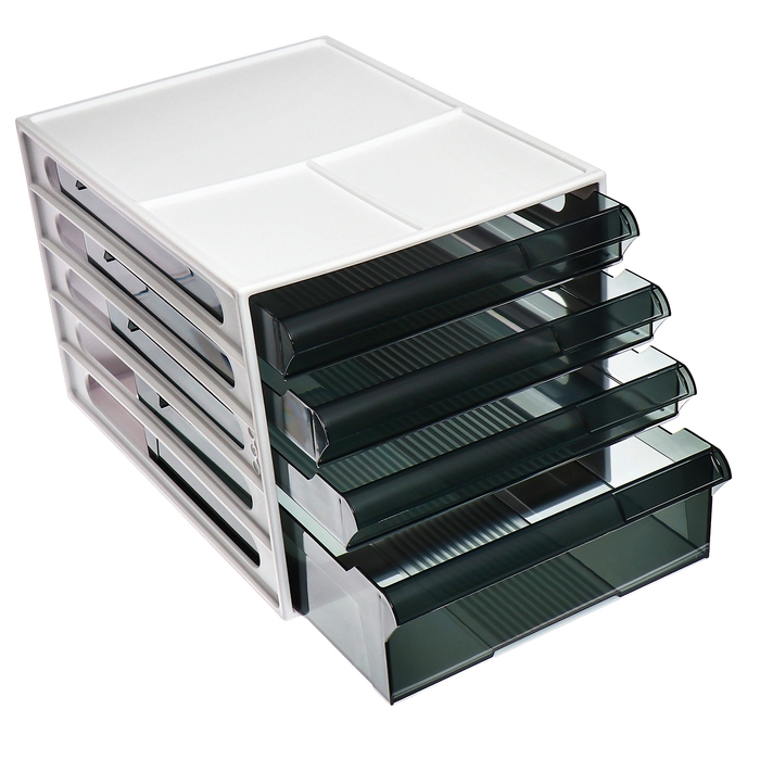 Файл-кабинет 4-секционный СТАММ, белый корпус, черные лотки