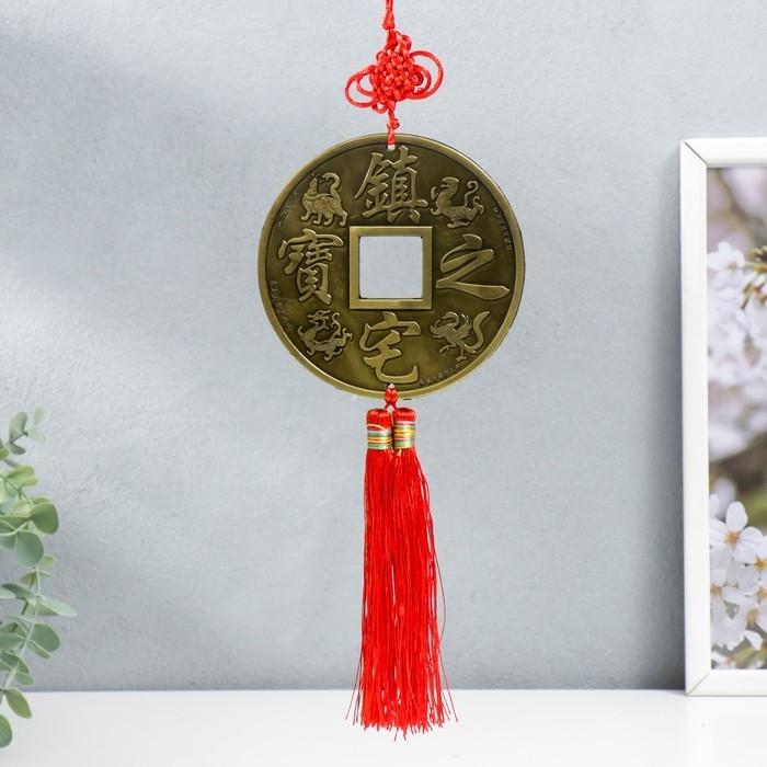 Подвеска металл Подвеска металл "Монета с драконом и фениксом с узлом счастья" 40х13х1,3 см