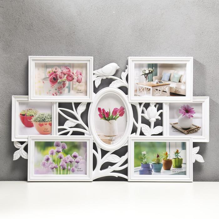Фоторамка пластик на 7 фото 10х10, 10х15 см Фоторамка пластик на 7 фото 10х10, 10х15 см "Птица и шиповник" белый 33,5х52 см