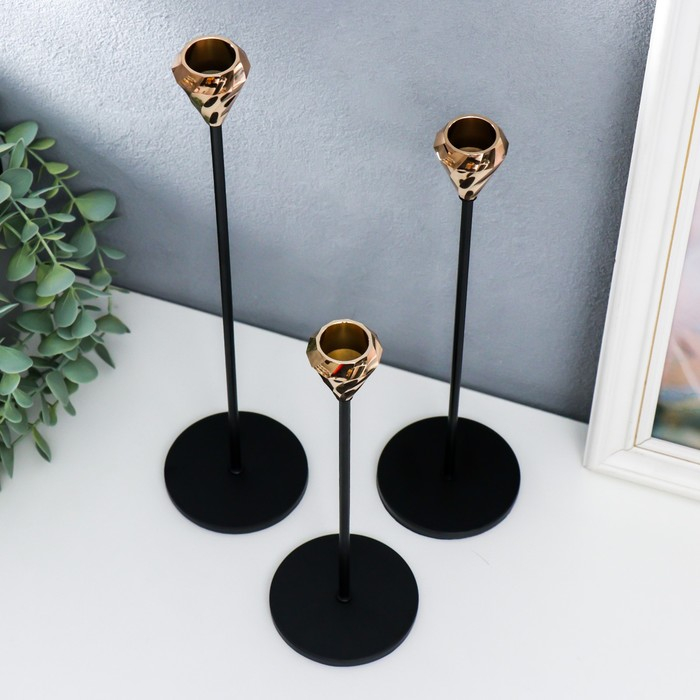 Подсвечник металл "Данте" набор 3 шт чёрный с золотом 8х8х22, 8х8х27, 8х8х32,5 см
