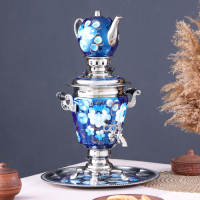 Набор &laquo;Жостово на синем&raquo;, рюмка, 3 предмета, самовар 3 л, заварочный чайник 0,7 л, поднос