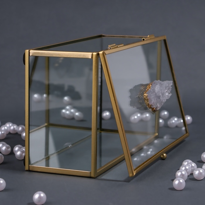 Органайзер для хранения &laquo;MOUNTAINS&raquo;, с крышкой, стеклянный, с зеркальным дном, 1 секция, 17 &times; 10,5 &times; 7 см, цвет прозрачный/медный