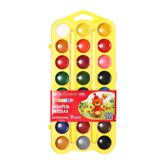 Акварель медовая 24 цвета, ЗХК Акварель медовая 24 цвета, ЗХК "Цветик", без кисти, жёлтый пластиковый футляр с петлей, 27421678