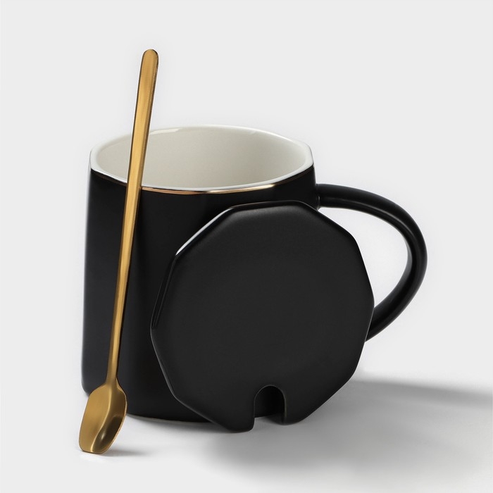 Кружка керамическая с ложкой Simple, 350 мл, цвет чёрный