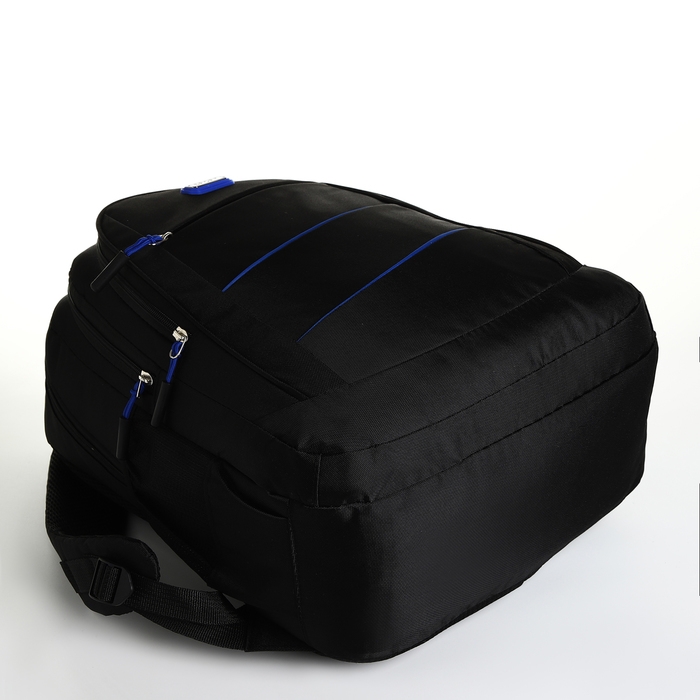 Рюкзак школьный из текстиля на молнии, 5 карманов, цвет чёрный/синий