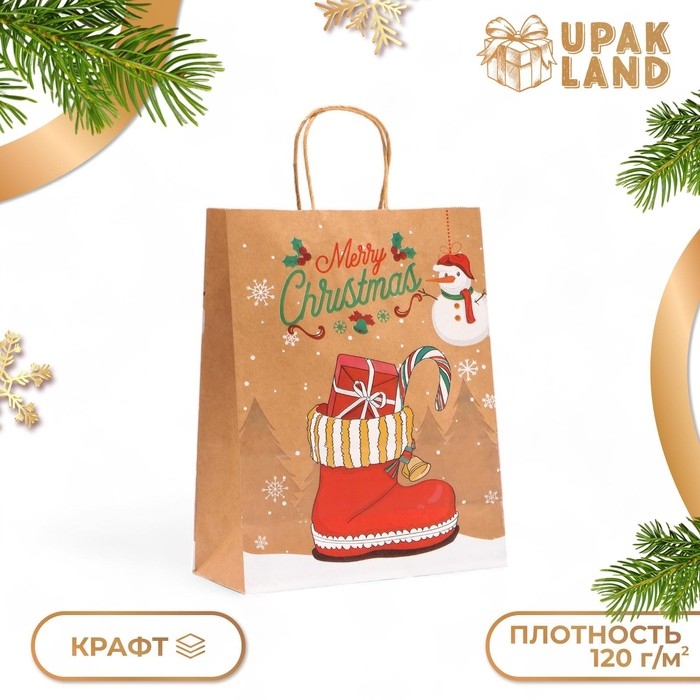 Новый год. Пакет бумажный подарочный новогодний крафт"Батинок с леденцами", 33 &times; 26 &times; 12 см.