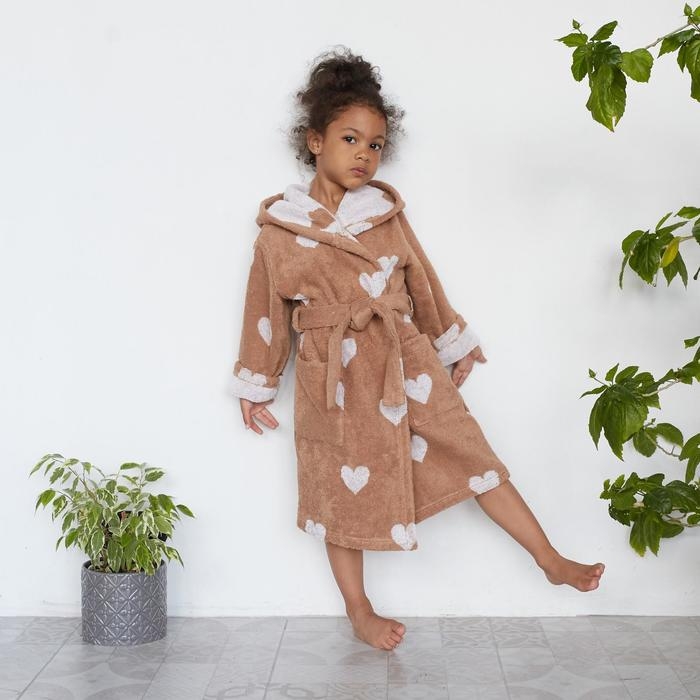 Халат махровый детский Крошка Я &laquo;Сердечки&raquo; размер 34, цвет мокко, 100% хлопок 360 г/м2