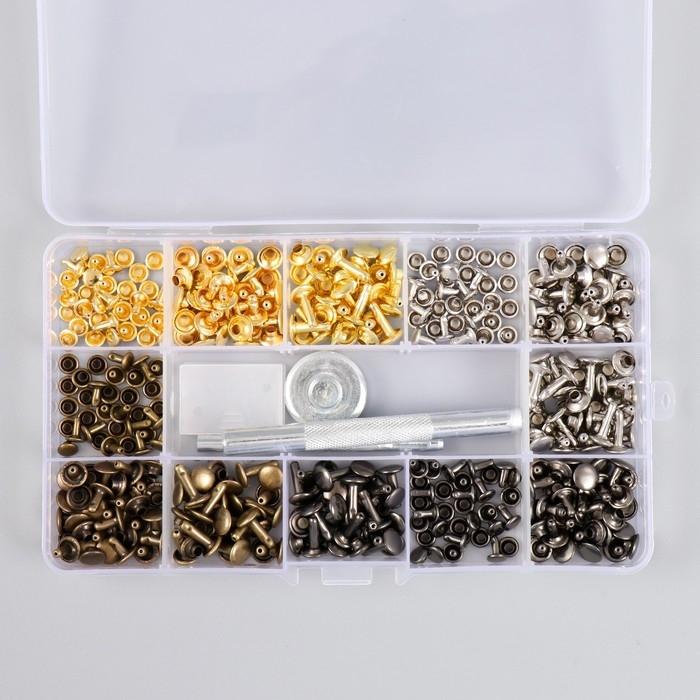 Набор заклёпок 180 шт 12 видов (8х12 мм; 8х8 мм; 6х6 мм) 17,2х9,5х2,3 см Набор заклёпок 180 шт 12 видов (8х12 мм; 8х8 мм; 6х6 мм) 17,2х9,5х2,3 см