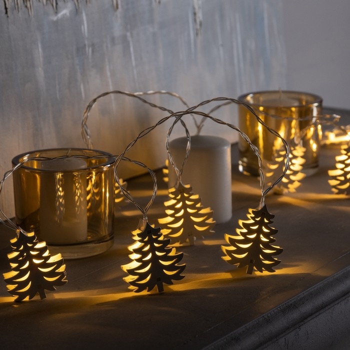 Гирлянда &laquo;Нить&raquo; 2.5 м с насадками &laquo;Ёлка&raquo;, IP20, прозрачная нить, 10 LED, батарейки AAх2 (нет в комплекте), свечение тёплое белое