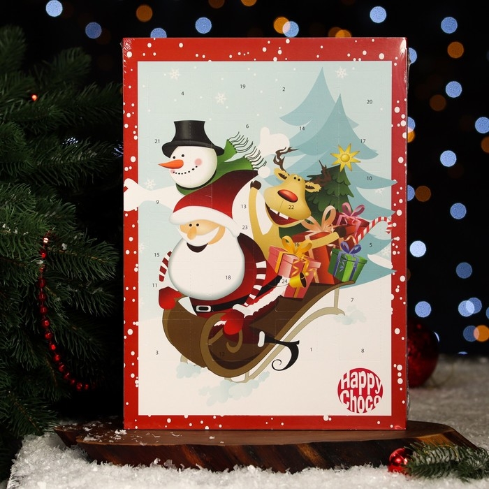 Новый год. Адвент-календарь с мини-плитками из молочного шоколада "Счастливый санта", МИКС, 50 г