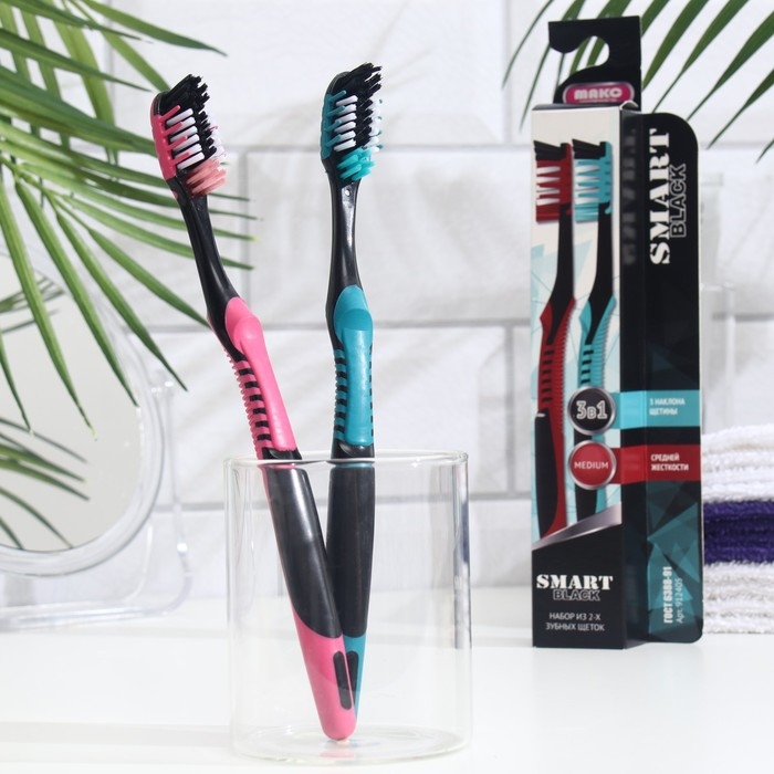 Зубная щётка «Смарт» Black средней жесткости, красный + зеленый, 2 шт. Зубная щётка «Смарт» Black средней жесткости, красный + зеленый, 2 шт.