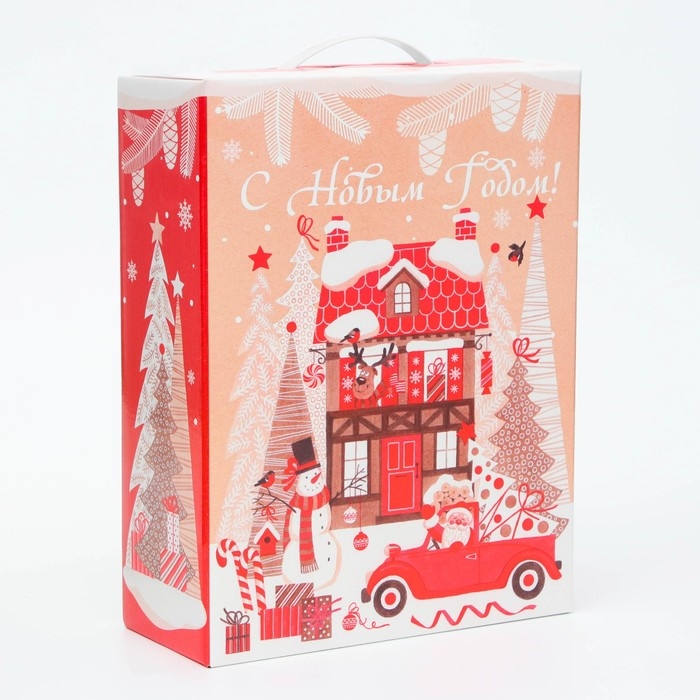 Новый год. Подарочная коробка Новогодняя Коробка Подарочная малая с пластиковой ручкой Новый год. Подарочная коробка Новогодняя Коробка Подарочная малая с пластиковой ручкой "Елочки" 23,5 x 10 x 30,5 см.