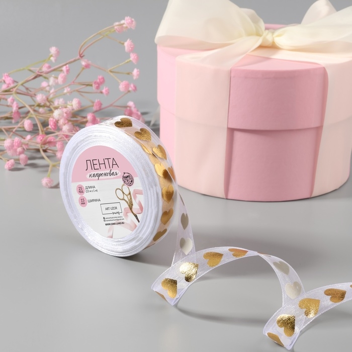 Лента капроновая с тиснением &laquo;Сердца&raquo;, 15 мм, 23 &plusmn; 1 м, цвет белый/золотой