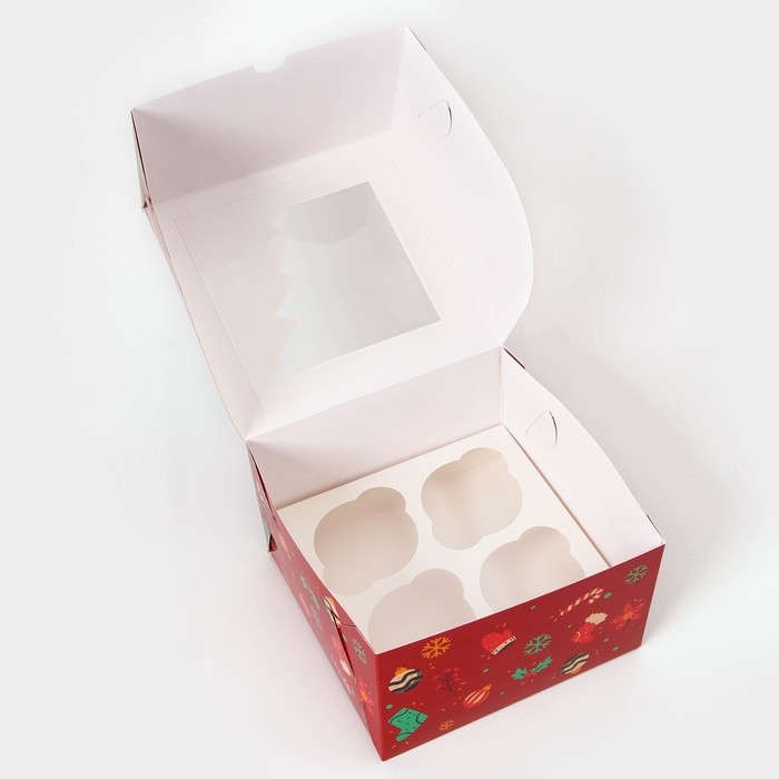 Коробка под 4 капкейка с окном "Праздничная ель", 16 х 16 х 10 см