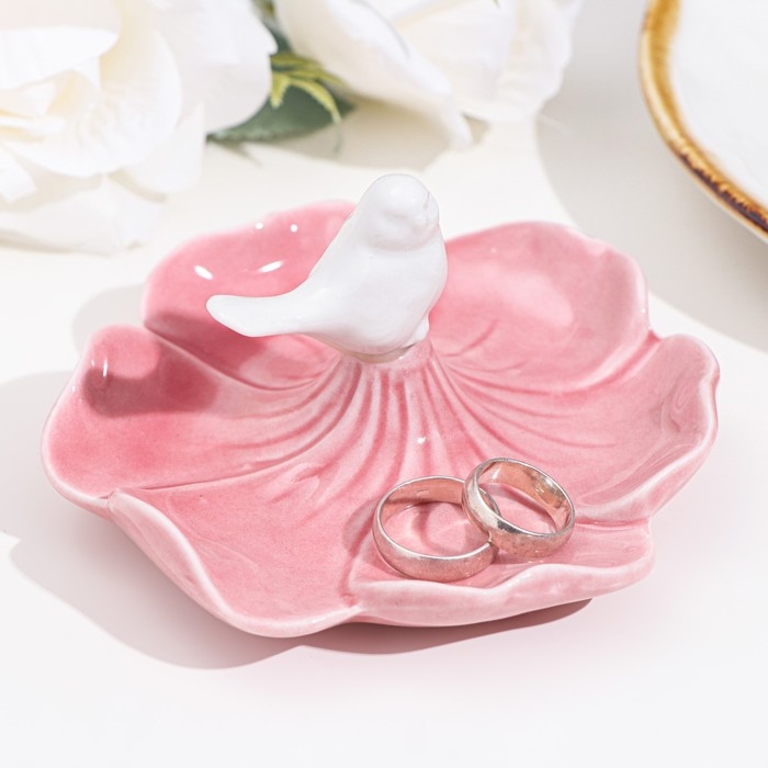 Подставка для колец "Птичка на цветке", розово-белый, 12х6 см