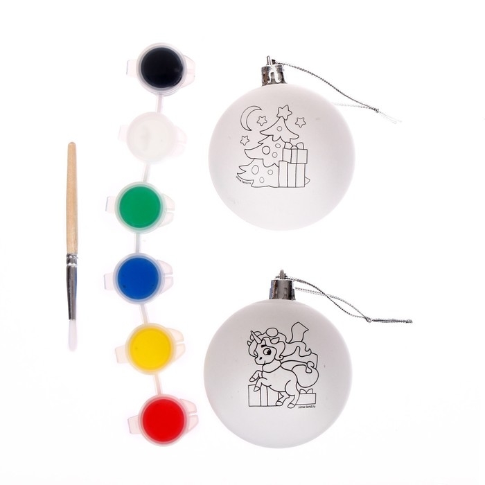 Ёлочные шары под раскраску на новый год &laquo;Чудеса под ёлочкой&raquo;, краски, 2 шт, новогодний набор для творчества