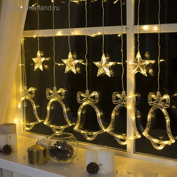 Гирлянда «Бахрома» 2.4 × 0.9 м с насадками «Колокольчики», IP20, прозрачная нить, 138 LED, свечение тёплое белое, 8 режимов, 220 В Гирлянда «Бахрома» 2.4 × 0.9 м с насадками «Колокольчики», IP20, прозрачная нить, 138 LED, свечение тёплое белое, 8 режимов, 220 В
