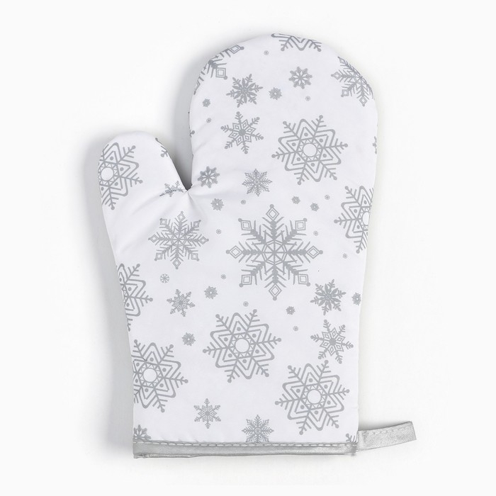 Новый год. Куханный набор 2 празмер Доляна Снежинки серебро прихватка  17*17 см, варежка 26*16 см,100% п/э