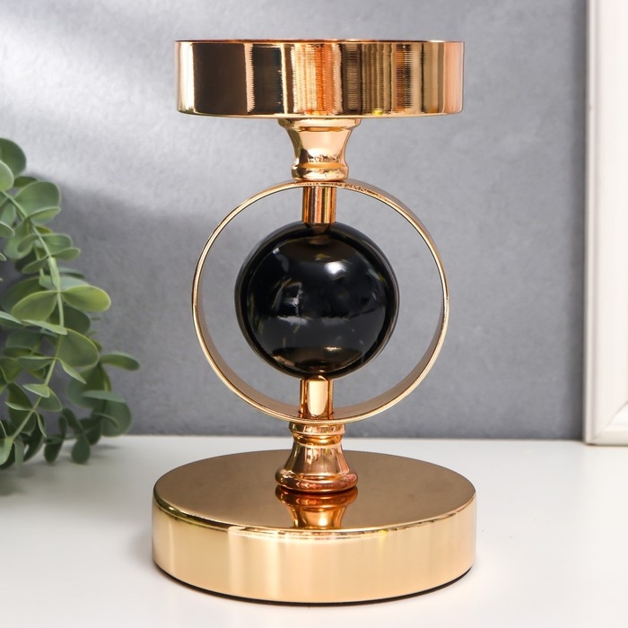 Подсвечник металл на 1 свечу Подсвечник металл на 1 свечу "Чёрный мраморный шар в сфере" золото 18,5х12х12 см