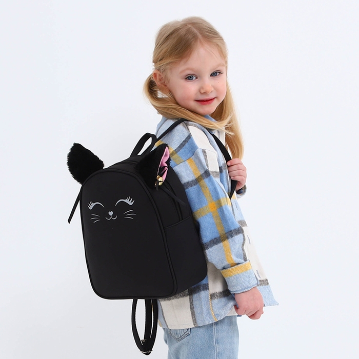Рюкзак школьный текстильный с ушками на заколках &laquo;Котик&raquo;, 27х23 см, чёрный цвет