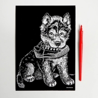 Гравюра &laquo;Щенок с ботинком&raquo; с металлическим эффектом &laquo;серебро&raquo; А5