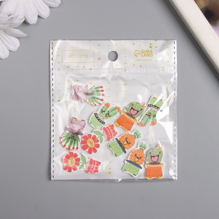 Декор для творчества дерево Декор для творчества дерево "Весёлые растения в горшочках" набор 10 шт 2,7х1,5 см