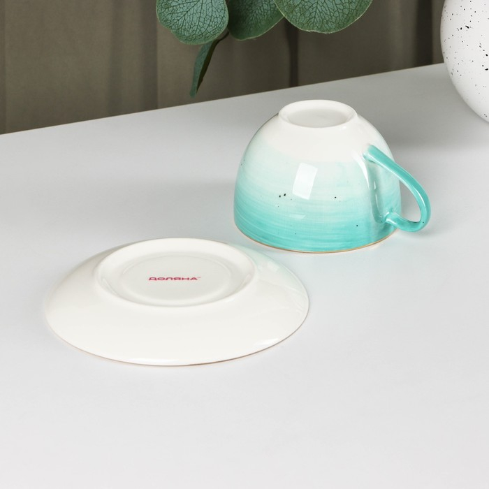 Чайная пара фарфоровая Доляна &laquo;Млечный путь&raquo;, 2 предмета: чашка 220 мл, блюдце d=13,5 см, цвет бирюзовый