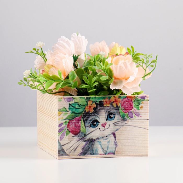 Кашпо деревянное "Котик" 14,5&times;12,5&times;8,5 см