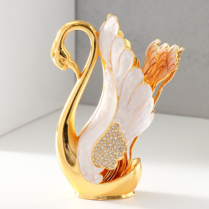 Набор из 6 шт сувенирных ложек в виде пера "Розовый лебедь со стразами" 5х8,5х15 см