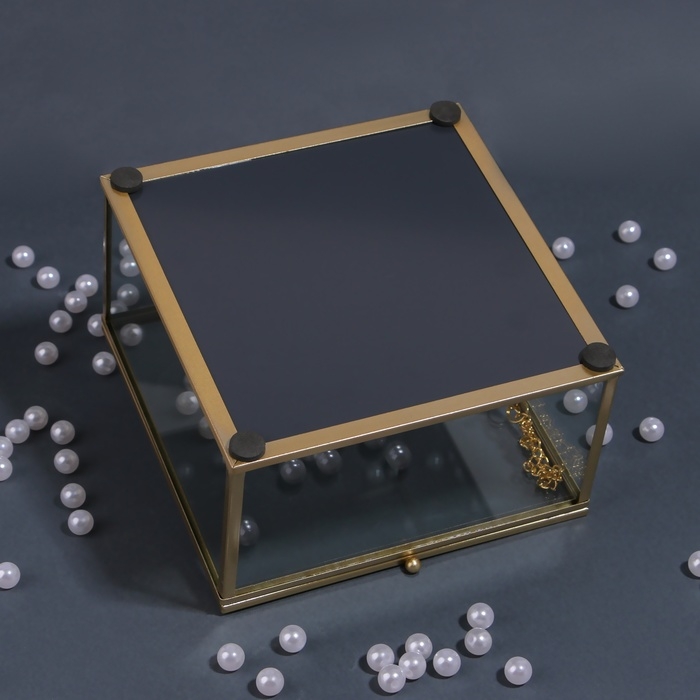 Органайзер для хранения &laquo;MOUNTAINS&raquo;, с крышкой, стеклянный, с зеркальным дном, 1 секция, 15 &times; 15 &times; 8,5 см, цвет прозрачный/медный