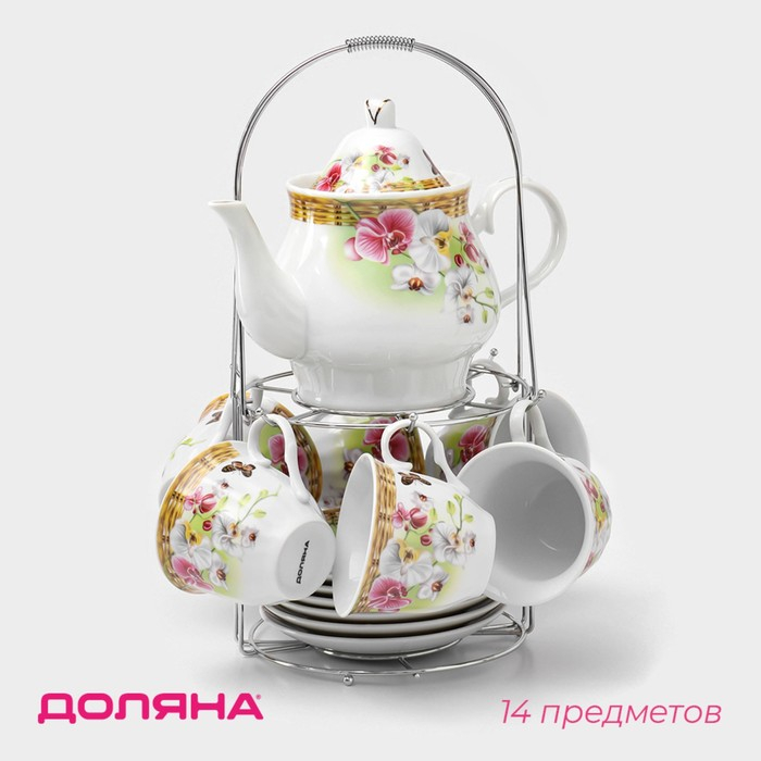 Набор чайный керамический на металлической подставке Доляна &laquo;Садовый дворик&raquo;, 13 предметов: 6 чашек 200 мл, 6 блюдец d=14,1 см, чайник 1 л ㅤ