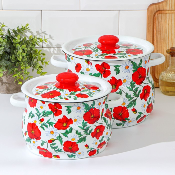 Набор кастрюль &laquo;Маки сибирские&raquo;, 2 предмета: 4 л, 5.5 л, эмалированные крышки, индукция